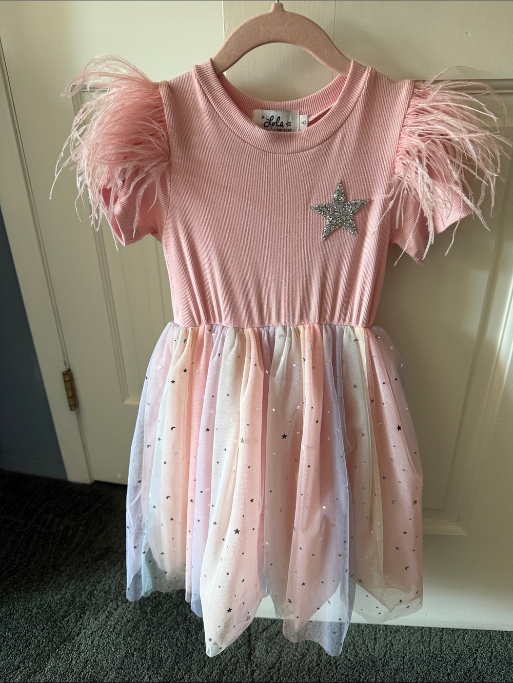 lola Pink Feather Sleeve Star Tulle Dress